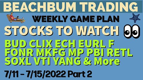 BUD CLIX ECH EURL F FONR MKFG MP PBI RETL SOXL VTI & More �� Trading Watchlists for 7/11 – 7/15/22