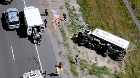 Drone films aftermath of party truck rollover in the ditch