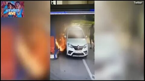 Russian smoker sets himself on fire lighting a cigarette while filling his car up in Russia