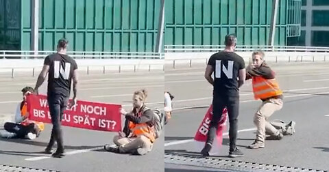 Frustrated Driver Confronts Climate Activists. One Protester Whips Out Karate Stance.