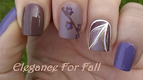 Brown & purple elegant flower nail design