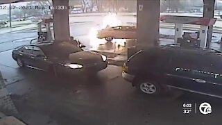 Car crash ignites gas station fire