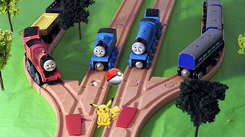 Thomas & Friends Gordon gets Pokemon Go Fever on the Wooden Railway