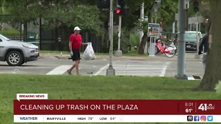 Cleaning up trash on the Plaza