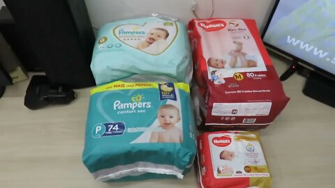 Fraldas Pampers Premium Care G 68, Pampers Confort Sec P 74, Huggies Supreme Care RN 18, e Huggies..