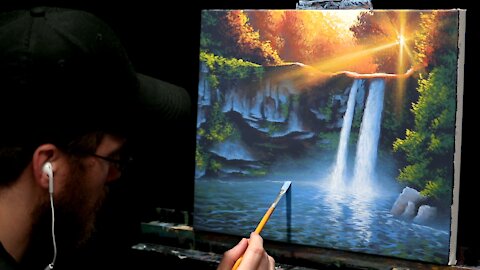 Acrylic Landscape Painting of a Waterfall at Sunset - Time-lapse - Artist Timothy Stanford