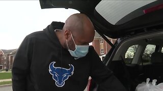 UB Athletics hand out goodie bags to athletes still living on campus