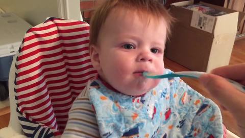 A Baby Boy Eats Applesauce For The First Time