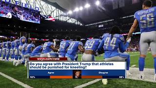 Detroit Lions players take a knee during national anthem