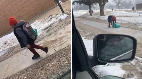 Kid Ignores Mom’s Warning, Slips on the Ice