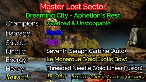 Destiny 2, Master Lost Sector, Aphelion's Rest on the Dreaming City 1-28-22