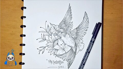 HOW TO DRAW A REALISTIC BIRD WITH FLOWERS (POINTILLISM DRAWING TECHNIQUE)