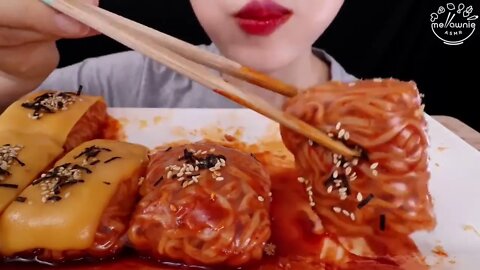 ASMR eating sounds: SPICY FIRE NOODLE WRAP, CHEESE PORK CUTLETS