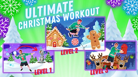 ☃️🛷 Epic Xmas VIDEOGAME WORKOUT | Snowballs, Gingerbread Man Chase, Sleigh Ride for Kids + JOKES