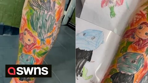 UK dad gets his body tattooed with original artwork drawn by KIDS in his family