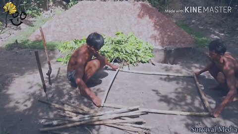 Primitive Building House and Swimming Pool with Two Men