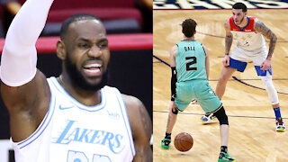 LeBron James Shouts Out LaMelo Ball After He Shoots 3 RIGHT In Lonzo's Face During Game v Pelicans