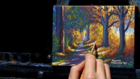 Mini Acrylic Landscape Painting of an Autumn Path - Time Lapse - Artist Timothy Stanford
