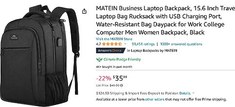 MATEIN Business Laptop Backpack, 15.6 Inch Travel Laptop Bag Rucksack with USB Charging Port