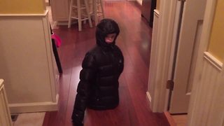 Funny Tot Kid Walks Around A House In An Oversized Jacket