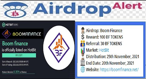 【Aidrop Boom Finance】Ganhe 100 token BF ($35) | Ref. 30 Token BF ($11) | Dist. 25/11/21| RendaExtra