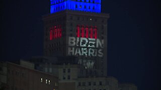 'Biden-Harris' projected onto Terminal Tower by unknown person ahead of the presidential debate
