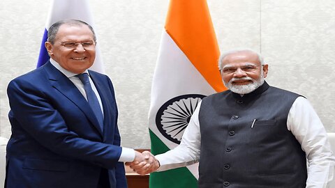 Russian Foreign Minister Sergey Lavrov is addressing a gathering during the Raisina Dialogue in New Delhi