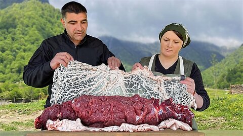 Juicy Meatloaf on a Spit! Cooking outdoors in the Mountains of Azerbaijan