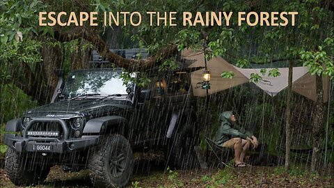 SOLO CAR CAMPING In RAIN [ Tarp Shelter, JEEP Camper ]