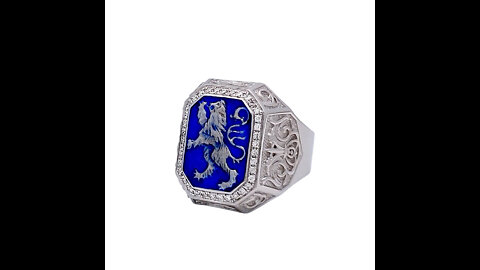 14K White Gold Men's Signet Ring Lion of Judah with 38 Diamonds & Blue Enamel
