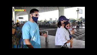 Neha Dhupia with Angad Bedi & daughter mehr snapped at the Airport | SpotboyE