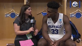 Jenna Callari chats with UB senior Nick Perkins following the team's win over Arizona State