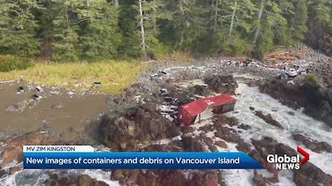 Container from cargo ship breaks open on shore of northern Vancouver Island