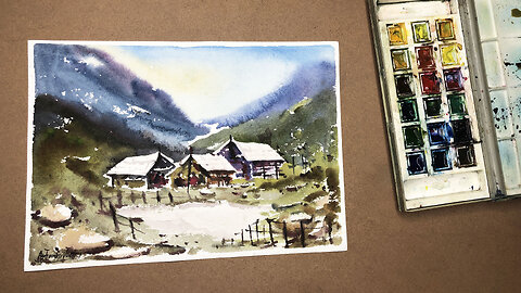 Mountain Huts Landscape Watercolor Painting - Using Wet on Wet Technique #art #paintings
