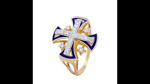 14K Two Tone Gold Openwork Christian Ring with 25 Diamonds and Blue Enamel