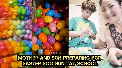 Mother and Son Preparing for Easter Egg Hunt at School