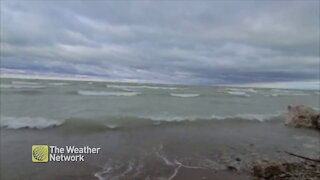 Wind and waves roll in off Lake Huron