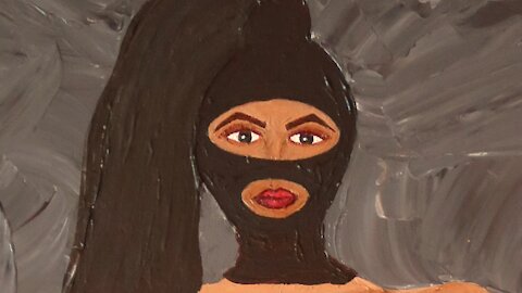 Bad girl in black balaclava and body suit acrylic painting