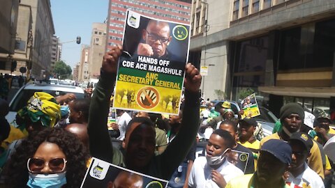 The African National Congress (ANC) Free State members protest outside the Luthuli House