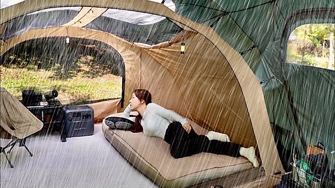 Solo camping in luxury XL tent with living room and room in heavy rain ASMR