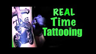 ✅REAL TIME TATTOOING, UP CLOSE!!🔍 Motorcycle and Cross👀