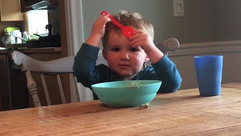Cute Toddler Boy Makes Helicopter Sounds At Meal Time