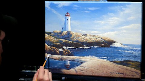 Acrylic Seascape Painting of a Lighthouse and Rocky Bay - Time-lapse - Artist Timothy Stanford
