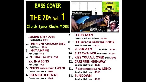 Bass cover THE 70's Vol. 1 __ Chords Lyrics Clips Clocks MORE
