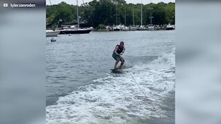 Wakeboard jump ends in comical failure