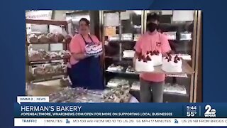 Herman's Bakery in Dundalk says "We're Open Baltimore!"