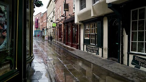 Rain on the cobblestones of Little Stonegate road in York, UK