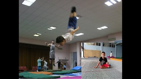 Jumping Hall. Acrobatic event by Berzin. Trampoline.