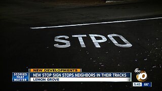 Stop sign spelled 'STPO' at Lemon Grove intersection