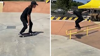 Young athlete shows off epic skateboarding combo